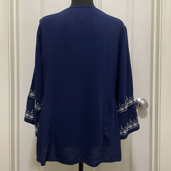 Liz Claiborne Blouse Keyhole Neck 3/4 Sleeve Shirt Blue Large Boho Embroidered‎ - Picture 3 of 10